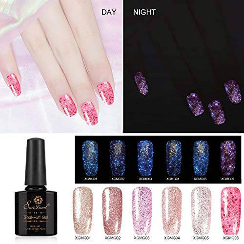 6pcs Glitter Gel Nail Polish Set, Saviland Glow in the Dark Nail Varnish UV/Led Manicure Nail Art Kit (Pink Rose Gold Series)