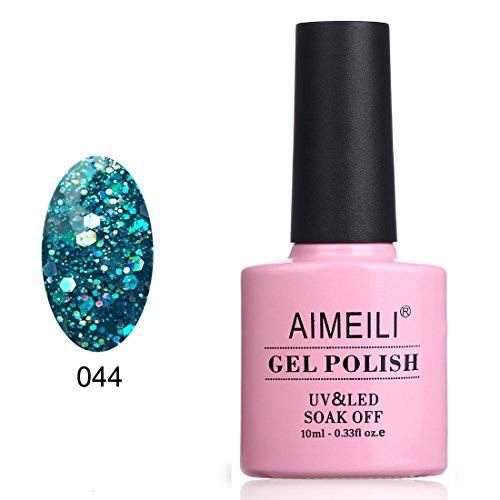 AIMEILI Soak Off U V LED Gel Nail Polish - Diamond Glitter Teal Blue Green (044) 10ml