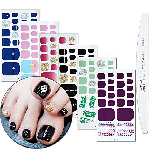 WOKOTO 6 Piece Adhesive Toenail Polish Stickers With 1Pcs Nail File Gradient Gem Glitter Full Wraps Nail Art Decals Manicure Stickers Strips Kits