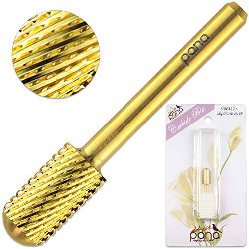 PANA Smooth Top Large Barrel 1/8 Shank Size - (Gold, Coarse Grit) - Fast remove Acrylic or Hard Gel Nail Drill Bit for Manicure Pedicure Salon Professional or Beginner