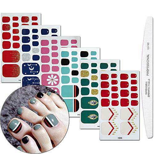 WOKOTO 6Pcs Toe Nails Polish Wraps Stickers Shinny Marble Glitter Design Nail Self-Adhesive Sticker And Decals Kit For Toenails With 1Pc Nail File
