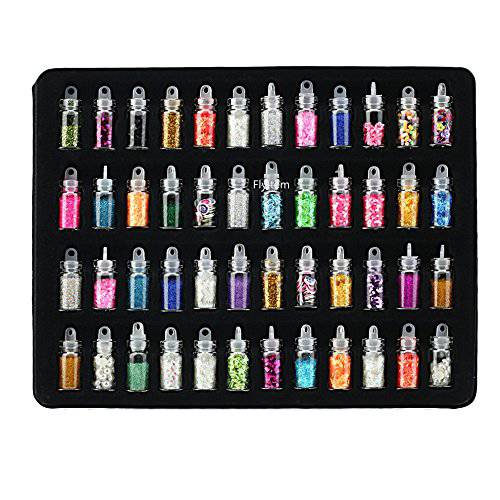 FlyItem® 48 Bottles/Set DIY Nail Art Charms Kit Contain Random Nail Art Pearl Sequin Nail Glitter Powder Acrylic Rhinestone Decoration Kit Makeup Cosmetic Tool