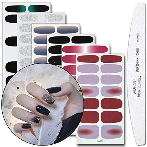 WOKOTO 6 Sheets Solid Color Nail Polish Wraps Stickers Strips With 1Pcs Nail File Gradient Nail Art Decals Tips Manicure Kits For Women