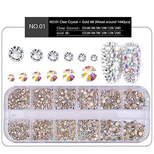 MIOBLET 1440pcs (Clear Crystal + Gold AB）Round 1.5mm-3.8mm Shiny Nail Art Rhinestones Flat-Back Glass Gems Stones Beads for Nails Decoration Crafts Eye Makeup Clothes Shoes Mix SS4 6 8 10 12 16