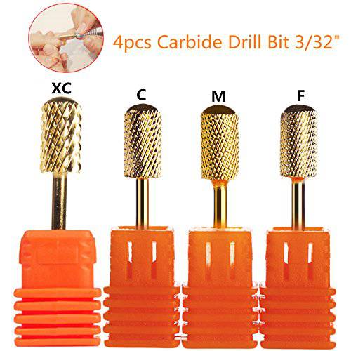 TraderPlus 4pcs 3/32 Size Carbide Nail Drill Bits Set Polish File Broach Smooth Top Manicure Tool XC/C/M/F