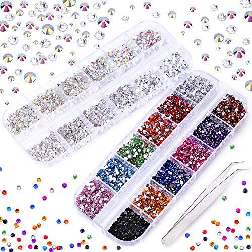 3000 PCS Rhinestones for Craft, PHOGARY AB Rhinestones Flat Back (small size 1.5-5 mm) 13 Colors with Pick Up Tweezer for Crafts Nail Face Art Clothes Shoes Bags Phone Case DIY