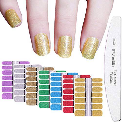 WOKOTO 6 Sheets Solid Shinny Glitter Design Nail Art Polish Stickers Strips Self Adhesive Full Nails Stickers Wraps For Nails With 1Pc Nail Buffers Files