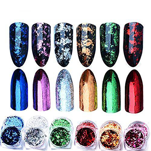MEILINDS Chameleon Holographic Mirror Nail Flake Sequins Broken Glass Effect Shining Glitters Powder Art Decoration 6 Colours/Set