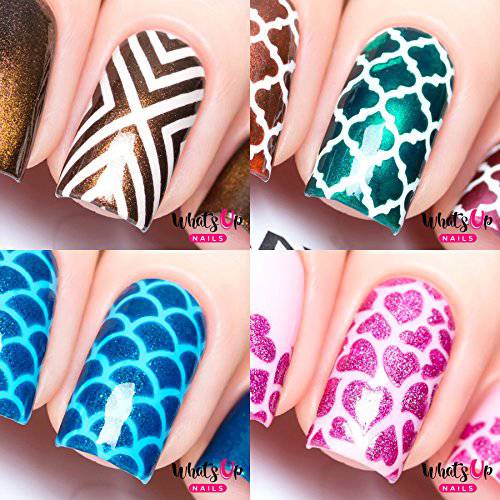 Whats Up Nails - Nail Vinyl Stencils Variety Pack 4pcs (X-pattern, Moroccan, Scales, Hearts) for Nail Art Design