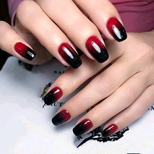 SIUSIO 24Pcs Fake Nails Black Red Full Cover Short Gradient Jewelry Top Coat Maple Leaf False Nail Covered Gel Nail Art Tips Sets for Women and Girls