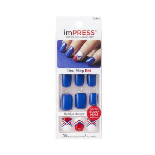 Kiss Products Impress Blue Gel Nails with Red & White Design Accents, Race