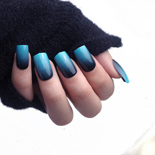 LIARTY 24 Pcs 12 Different Size Simple Gardient Blue Black Medium Length Square Full Cover False Nails with Design