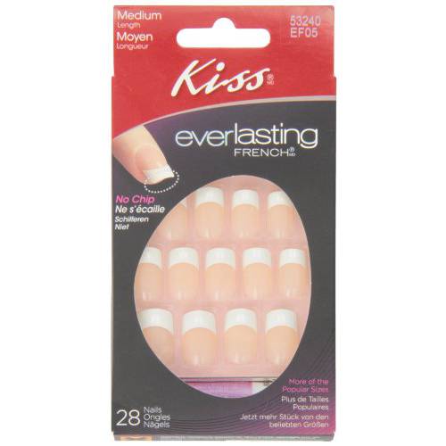Kiss Everlasting French Nail Manicure, Chip-Free with Flexi-Fit Technology, Medium,Infinite, Nail Kit with Pink Nail Glue (Net Wt. 2 g / 0.07oz.), Mini File, Manicure Stick, and 28 Fake Nails