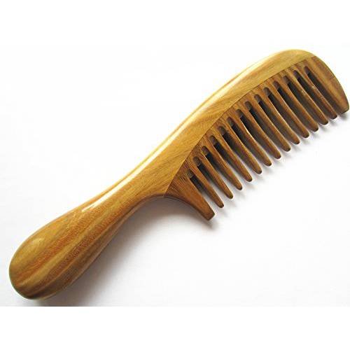 Myhsmooth Gsp-yb Wide Tooth Wood Handmade Natural Green Sandalwood No Static Comb with Rounded Handle with Aromatic Scent for Detangling Curly Hair and Gift(7.1long)