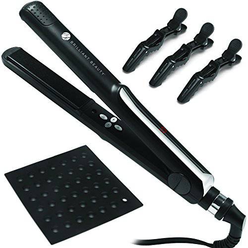 Straight Genius Ceramic Ionic Tourmaline Flat Iron with Heat Resistant Mat, Hair Clips & Travel Bag - 1 Inch Straightening and Curling Iron by Brilliant Beauty - Professional Straightener