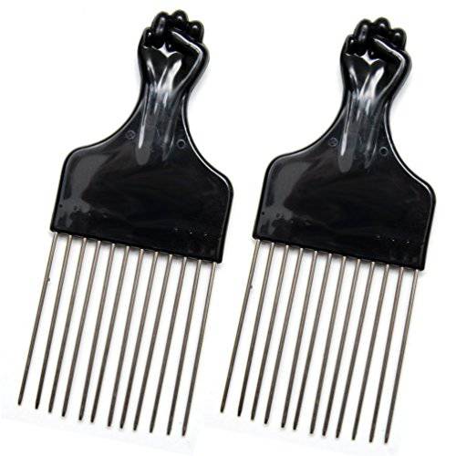 LUXXII (2 Pack) 6.75 Black Fist Metal Afro Pick Lift Hair Comb Detangle Wig Braid Hair Man Styling Comb