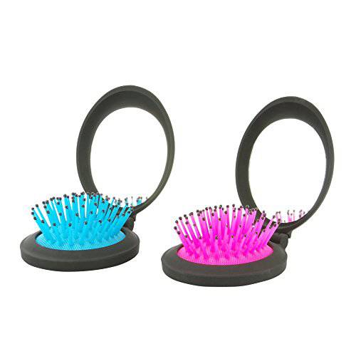 NuAngela Travel Hair Brush With Mirror Compact Pocket Size, Folding Mirror Mini Pop Up Hairbrush Set ,Pocket Brush Hair Massage Comb Easy Keep in Purse Car Gym Bag Locker (2 Pieces)