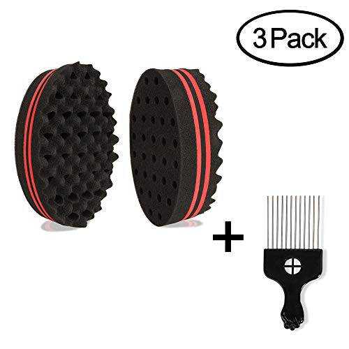 Hair Sponge Brush, KissDate Set of 2 Double Sides Small Holes(8mm Hole) Afro Curl Coil Wave Hair Sponge Brush with 6.69 Inch Metal Styling Comb