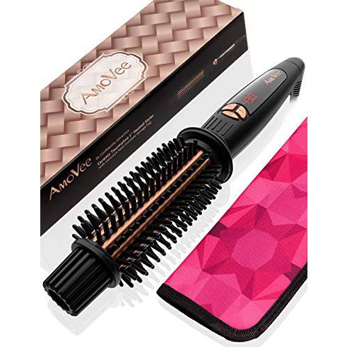 AmoVee Curling Iron Brush Ceramic Tourmaline Ionic Hair Curling Wand Volumizing Hot Brush with 1 Inch Barrel & Anti-Scald Bristles for All Hair Types, Dual Voltage, Instant Heat