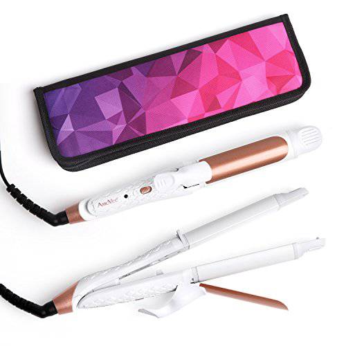 AmoVee Travel Curling Iron, 2 in 1 Mini Flat Iron Travel Hair Straightener, Dual Voltage, 1 inch, Carry Bag Included (White)