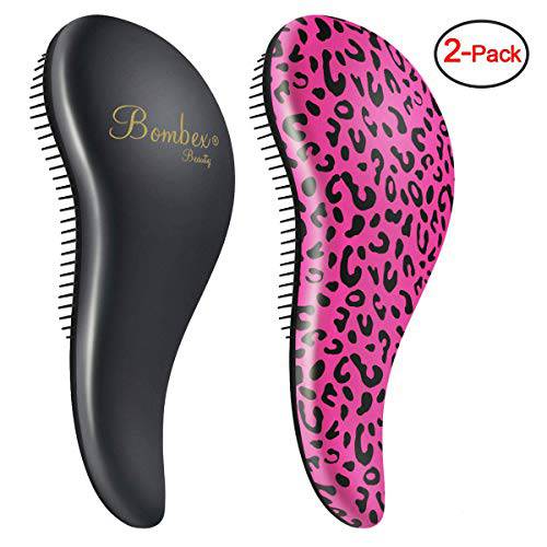 BOMBEX Detangler Brush-2 pack - No Tangles & Knots, Best Detangling Hair Brush for Tangled Hair,Pink Leopard & Matte Black