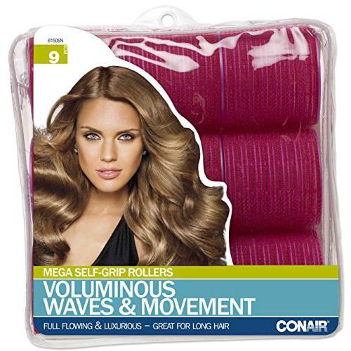 Conair Self Grip Extra Large Hair Rollers, Hair Curlers, Self Grip Hair Rollers, Hot Pink, 9 Pack with Storage Bag