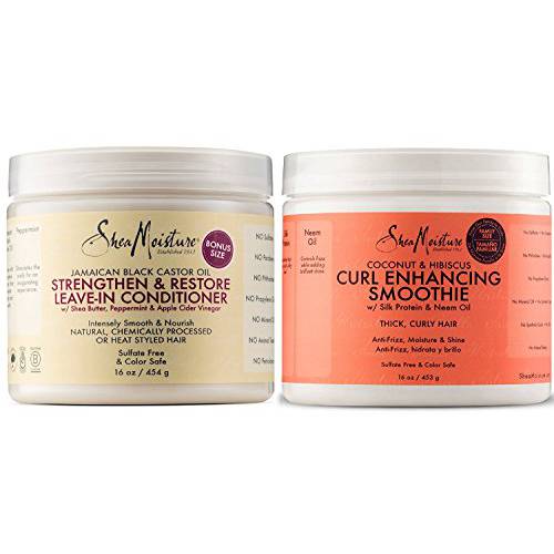 Shea Moisture Coconut and Hibiscus Curl Enhancing Smoothie, 16 Ounce Family Size & Shea Moisture Jamaican Black Castor Oil Strengthen, Grow & Restore Leave-In Conditioner 16 Ounce