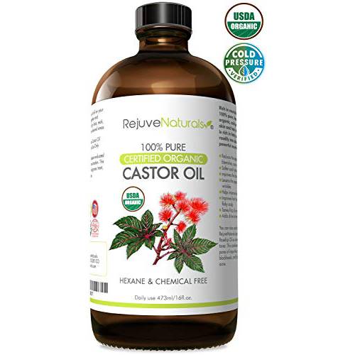 RejuveNaturals Organic Castor Oil (16oz Glass Bottle) USDA Certified Organic, 100% Pure, Cold Pressed, Hexane Free. Boost Hair Growth for Hair, Eyelashes & Eyebrows. Natural Dry Skin Moisturizer