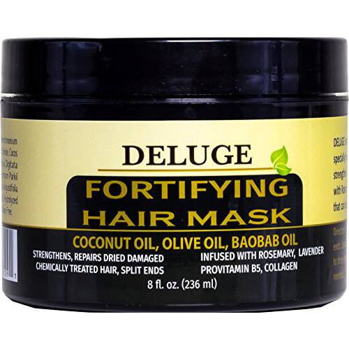 DELUGE Fortifying Hair Mask. Argan Oil Intensive Repair Hair Conditioning and Scalp Treatment For Dry Damaged and Chemically Treated Hair. All Natural and Organic, Vegan Formula. Coconut Oil, Baobab Oil for Natural Hair Growth -Net Wt. 8 oz