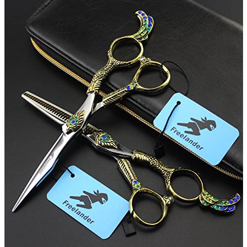 Freelander 6.0 Barber Hair Cutting Shear and Salon Blending/Thinning Scissor with Bag for Professional Hairstylist (Gold)
