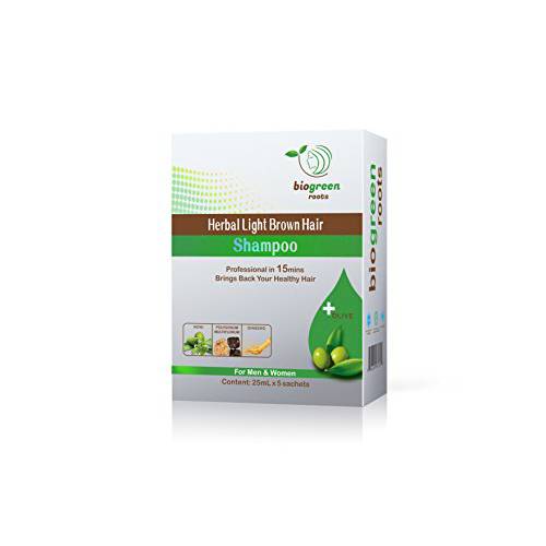 Biogreen Roots Shampoo 5 Pouches - Light Brown Hair Color Shampoo with herbals for Men and Women - New & Improved Formula - All Hair Types -with Herbals Ingredients Light Brown Hair Shampoo - 5 Pouches with 5 pair of gloves.