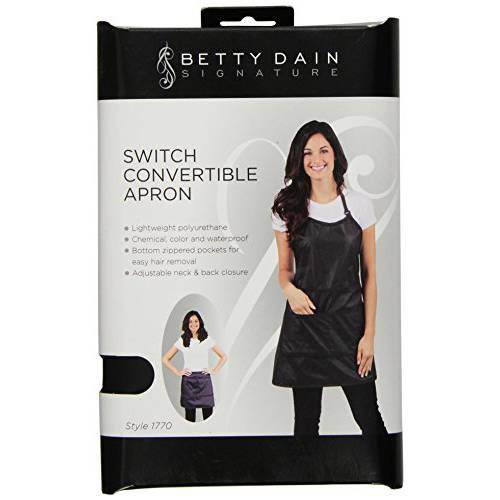 Betty Dain Signature Switch Convertible Salon Stylist Apron with Pockets, Waist Apron / Tool Skirt, Lightweight, Polyurethane, Chemical, Bleach, and Water Proof, Pockets with Zippered Bottoms, Black