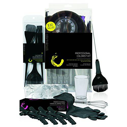 Colortrak Professional Hair Colorist Kit, 4-Pack Croc Clips, Color Beaker, Whisk, Duo Brush, 3-Pack of Brushes, Black Reusable Medium Gloves, Color Bowl, 50-Count Popup Hair Coloring Foil, Storage Box