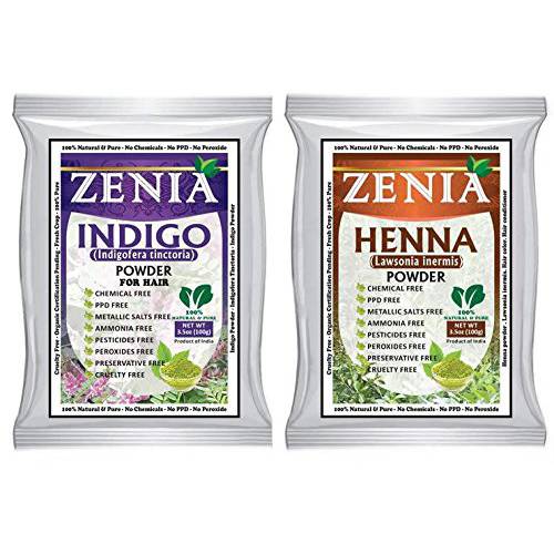 Zenia 100% Pure Indigo Powder and Henna Powder Hair Color Combo Kit | for Coloring Hair and Beard Black | 100 Grams Each | All Natural, Chemical Free, PPD-free, Ammonia-free