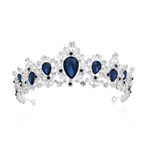 SWEETV Royal CZ Crystal Tiara for Women, Blue Wedding Crown for Brides, Princess Headpieces Bridal Hair Accessories for Birthday Party Pageant, Sapphire+Silver,Eleanor