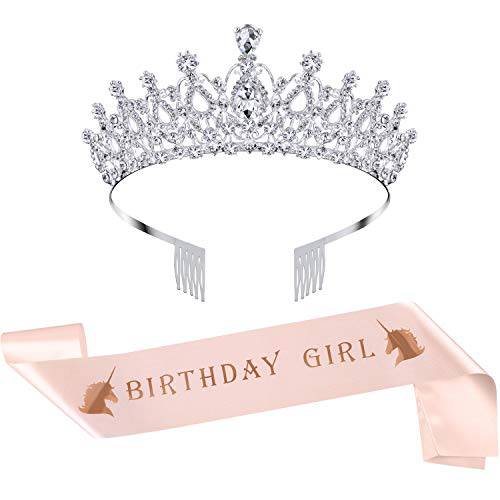 Birthday Tiara Crown Rhinestone Crystal Decoration Headband Prom Queen Princess Crown with Birthday Girl Sash Silver Women (Rose Gold Sash)