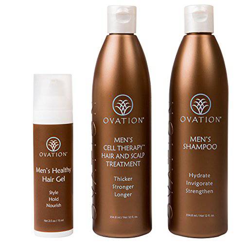 Ovation Hair Men’s Cell Therapy Max Pack - Men’s Shampoo (12 oz), Cell Therapy Hair & Scalp Treatment (12 oz), Men’s Healthy Hair Gel (8 oz) - Hair Treatment Set for Men with Fine, Short Hair