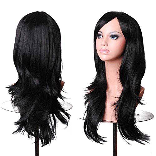 BERON Long Wavy Curly Wig High Standard Silk Female Cosplay Wig with Wig Cap (27’’ Black)