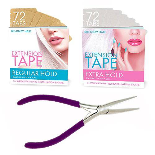 Big Kizzy Hair Extensions Tape Pressing Sealing Tool + 72 Tabs Regular Hold + 72 Tabs Extra Hold 4cm x .8cm Hair Extension Tape. Compatible with Hot Heads, Hairdreams, Babe & Most Other Brands.