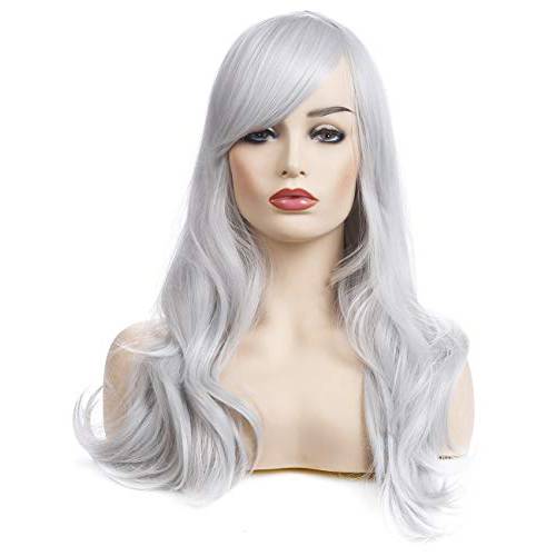 morvally 23 inches Long Curly Wig Big Wave Heat Resistant Synthetic Hair with Bangs for Cosplay Costume Halloween Party (Silver Grey)