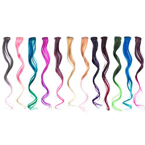 SWACC 12 Pcs Curly Wavy One Color Party Highlights Clip on in Hair Extensions Colored Hair Streak Synthetic Hairpieces (Ombre 12 Colors)