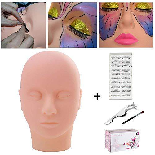 Practice Training Head with 10 Pairs Practice Eyelash Strips, Beauty Star Makeup Cosmetology Mannequin Doll Head, Eyelashes Extension Face Makeup Massage Practice, Stainless Steel Lash Tweezers