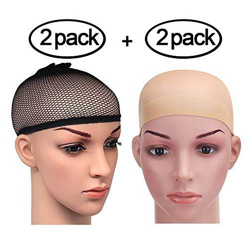 KissDate 4 Pack Elastic Wig Caps, Nylon Neutral Nude Beige and Open End Black Mesh Net Wig Cap