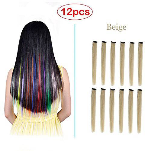 Hawkko 12PCS Straight Colored Clip in Hair Extensions Party Highlight Multiple Colors Hairpieces (12pcs- Blue)