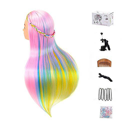 MYSWEETY 29 Inch Colorful Hair Mannequin Head Hairdressing Practice Training Doll Heads Cosmetology Hair Styling Mannequins Heads with Clamp + Practice Tools(PINK)