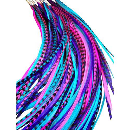 Hair Feathers Extension Kit, 100% Real Rooster Feathers, Long Feather Hair Extensions in Pink, Purple, and Blue by Feather Lily