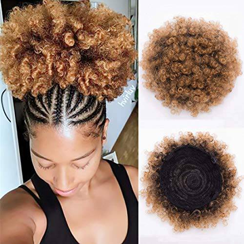AICILY Synthetic Afro Puff Drawstring Ponytail Short Kinky Curly Hair Bun Extension Donut Chignon Hairpieces Wig Updo Hair Extensions with Two Clips (1B/27)
