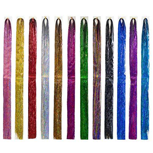SWACC 48” Hair Tinsel 7200 Strands 12 Colors 12 Pack in Set -Sparkling & Shiny Hair Tinsel Extensions Colored Party Highlights Glitter Extensions Multi-Colors Hair Streak Bling Hairpieces