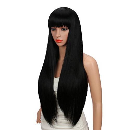 Kalyss 28 inches Women’s Silky Long Straight Black Wig Heat Resistant Synthetic Wig With Bangs Hair Wig for Women