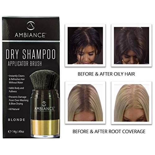 Natural Dry Shampoo for Women & Men by Ambiance | Brunette Tinted Powder | Travel Size Applicator Brush for Dark Brown Hair | Cleansing, Refreshing, & Volumizing